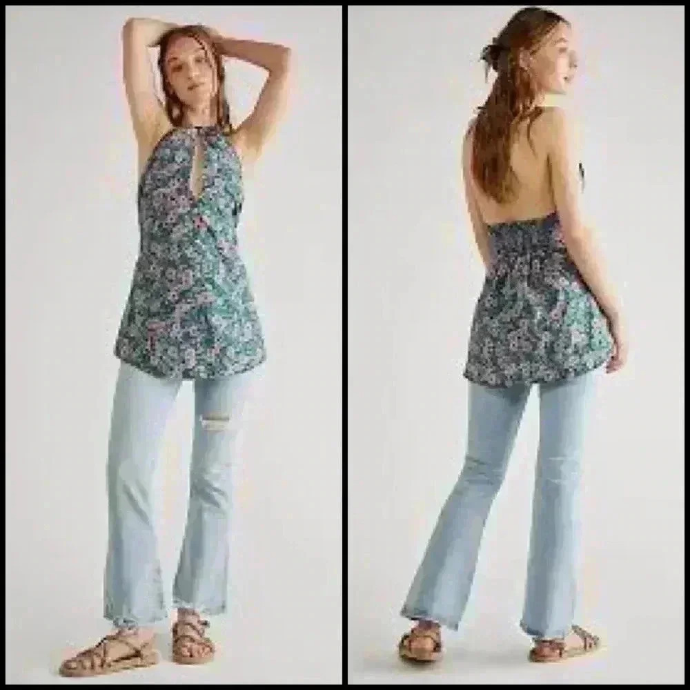 Free People Green Floral Halter Tunic Top